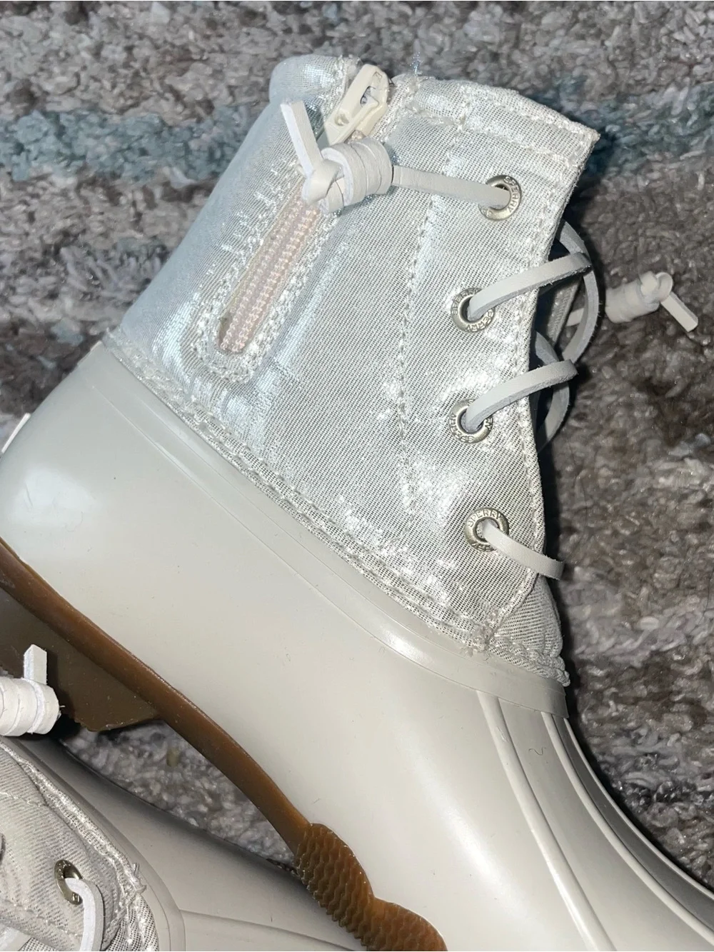 NWOT Sperry Girl’s Shimmer Light Cream/White Waterproof Duck Boots - Lace-Up